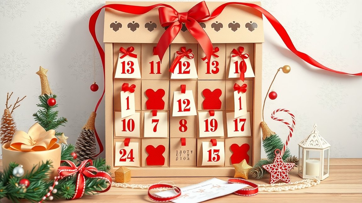 Kreatív saját készítésű adventi naptár karácsonyi dekorációval.
