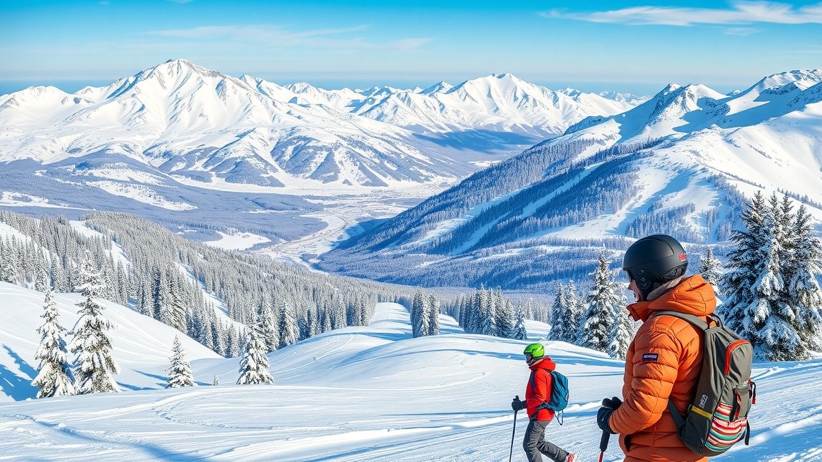 Síelés a gyönyörű hegyvidéken, hóval borított tájban.