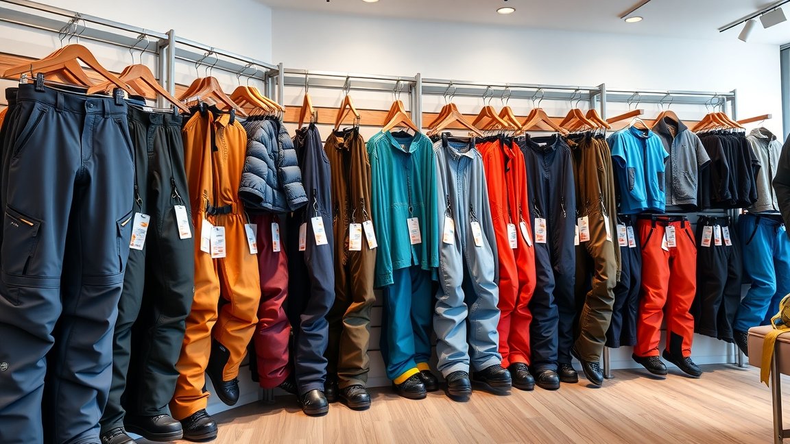 Különböző színű és stílusú sínadrágok sportboltban.