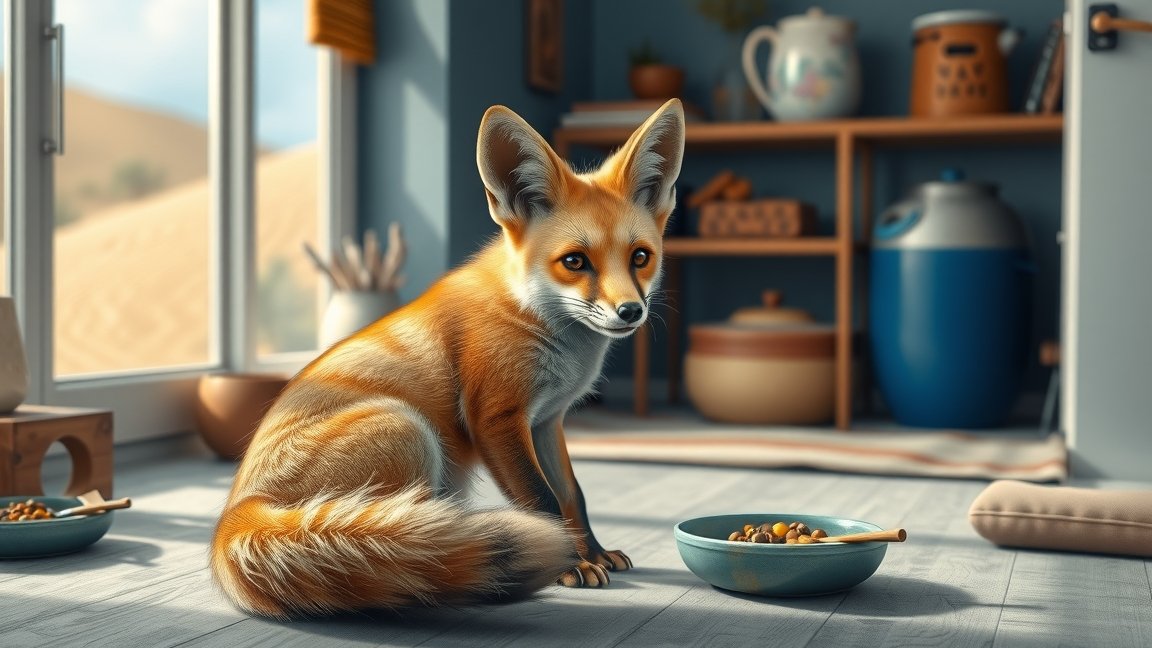 Sivatagi róka egy otthoni környezetben, étkezés közben.