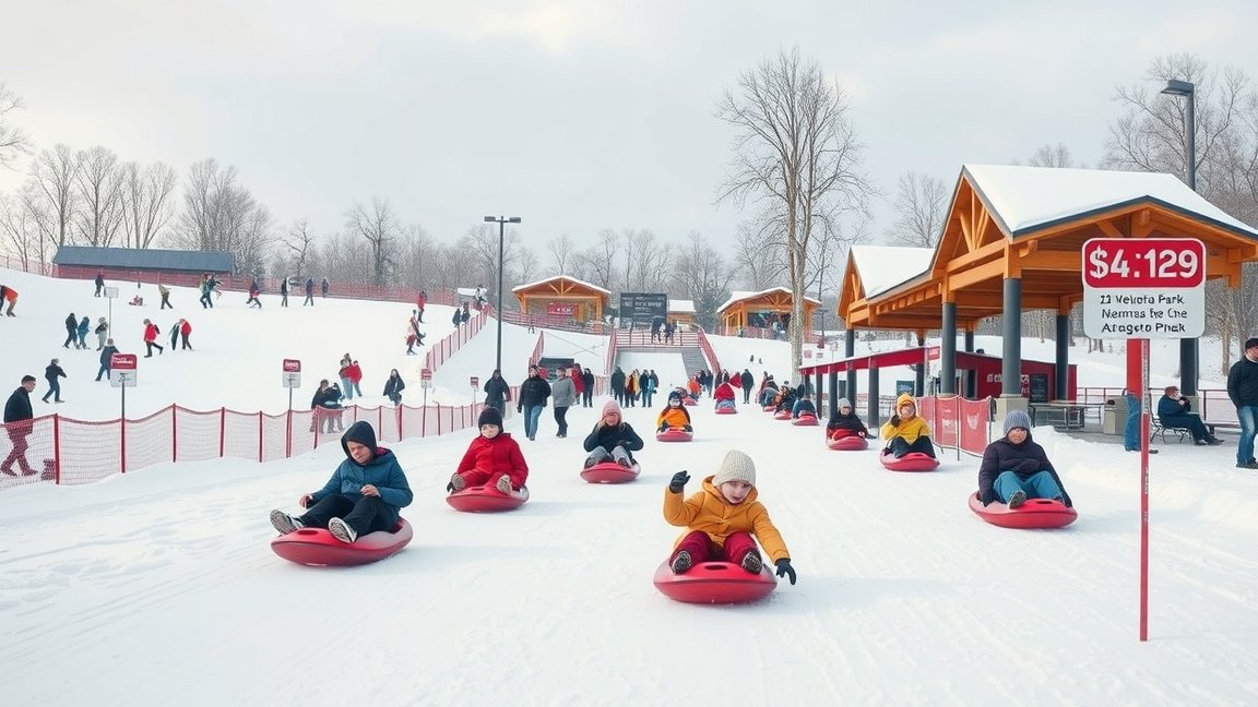 Gyerekek szánkóznak egy téli szánkópályán, hóval borított tájon.