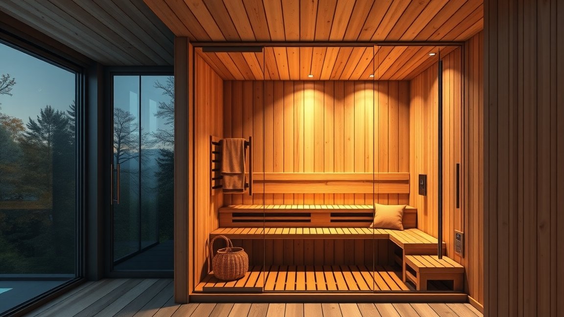Modern szauna, fából készült belső térrel és világítással
