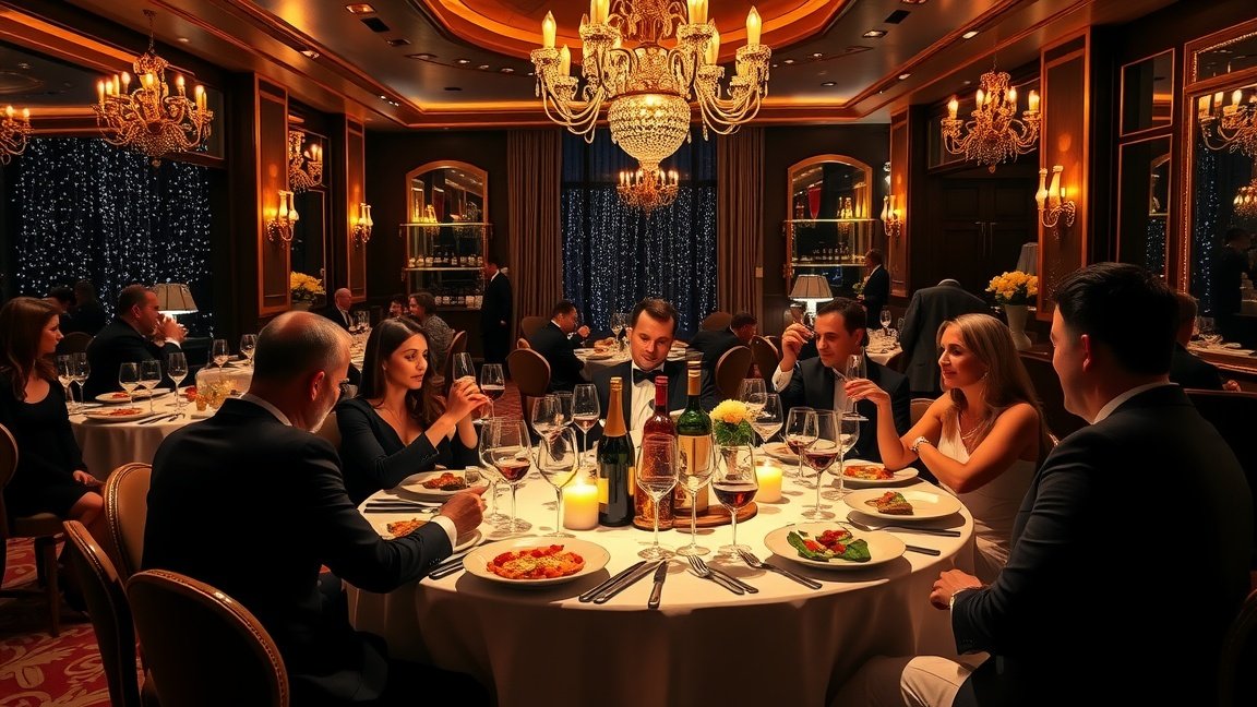 Elegáns szilveszteri buli étteremben, ínycsiklandó ételekkel és italokkal.