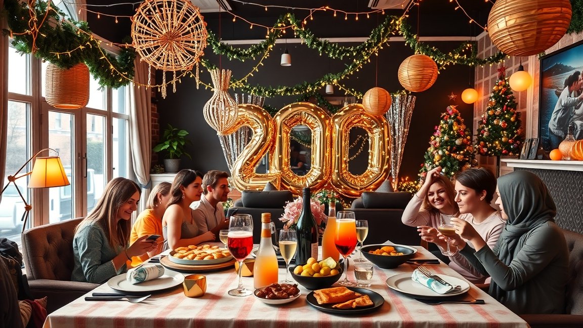 Szilveszteri buli 30 fő számára ünnepi dekorációval és ételekkel.