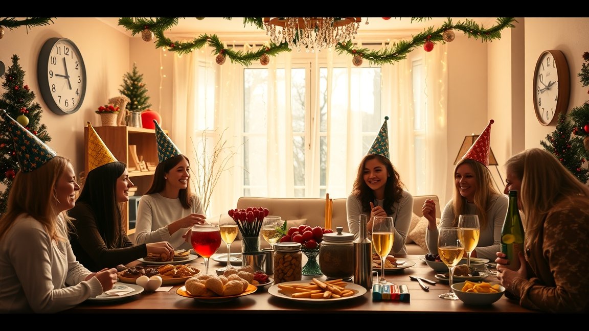 Női barátok szilveszteri bulin, ünnepi dekorációval az asztalon.