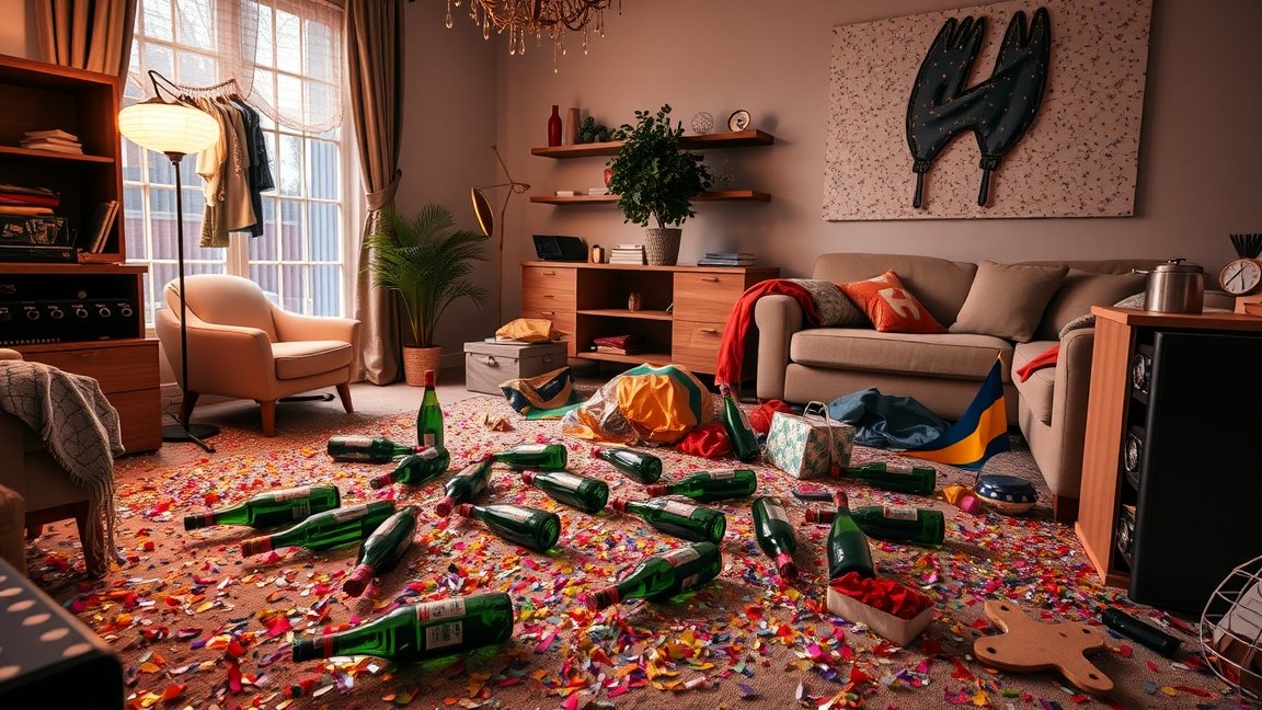 Takarításra váró szilveszteri buli utáni lakótér