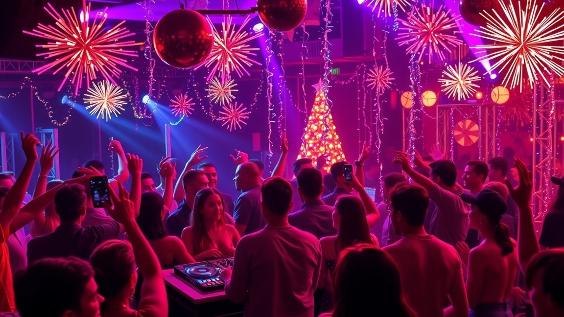Szilveszteri buli DJ-vel és ünneplő tömeggel.