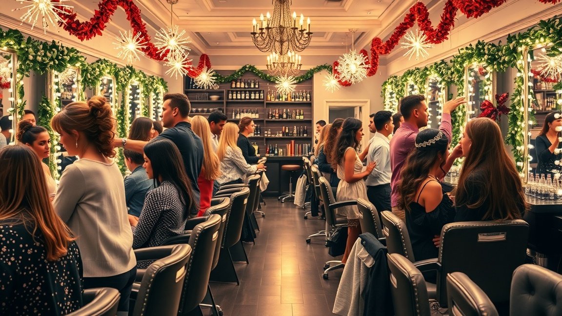 Fodrászat szilveszteri frizurákkal és díszítéssel.