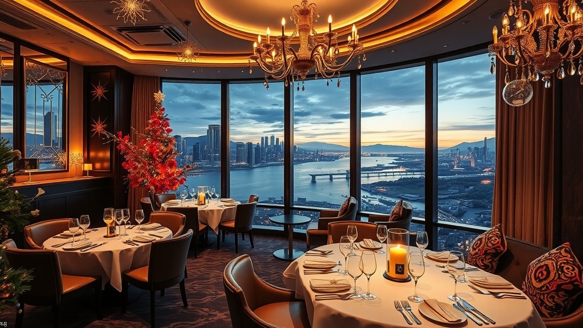 Elegáns szilveszteri vacsora kilátással a városra.