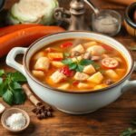 Tál korhelyleves friss hozzávalókkal és fűszerekkel