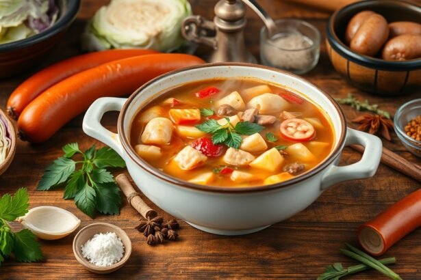 Tál korhelyleves friss hozzávalókkal és fűszerekkel
