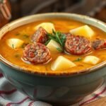 Krumplileves kolbásszal tálban, friss zöldfűszerekkel díszítve.