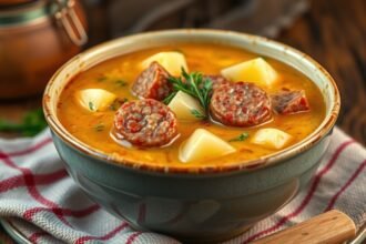 Krumplileves kolbásszal tálban, friss zöldfűszerekkel díszítve.