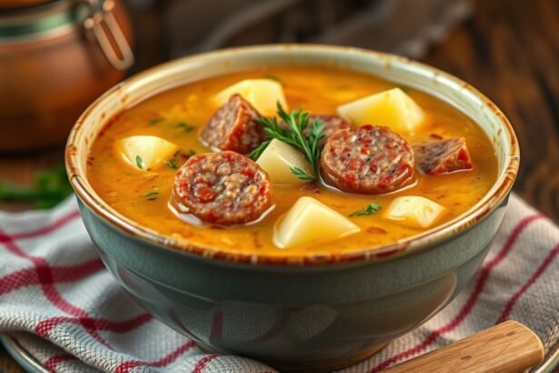 Krumplileves kolbásszal tálban, friss zöldfűszerekkel díszítve.