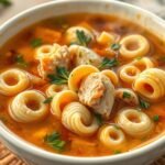 Tál húsleves csigatésztával friss zöldségekkel és fűszerekkel.