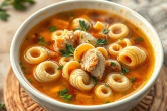 Tál húsleves csigatésztával friss zöldségekkel és fűszerekkel.