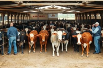 Tehénfarm: gazdák és tehenek a istállóban