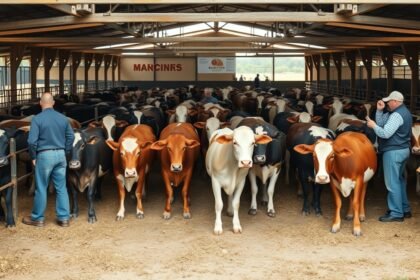 Tehénfarm: gazdák és tehenek a istállóban