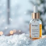 Téli arcszérum üvegpalack sűrű hóesés közepette