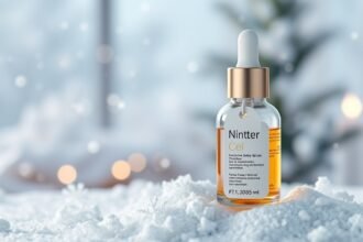 Téli arcszérum üvegpalack sűrű hóesés közepette