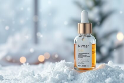 Téli arcszérum üvegpalack sűrű hóesés közepette