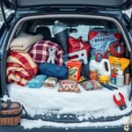 Téli autós túlélőcsomag az autó csomagtartójában hóesésben