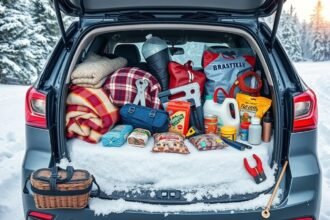 Téli autós túlélőcsomag az autó csomagtartójában hóesésben