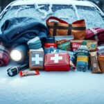 Téli autós túlélőcsomag jég és hó között, eszközökkel és élelmiszerrel.