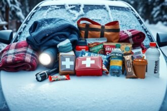 Téli autós túlélőcsomag jég és hó között, eszközökkel és élelmiszerrel.