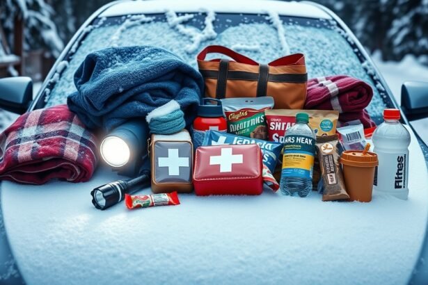 Téli autós túlélőcsomag jég és hó között, eszközökkel és élelmiszerrel.