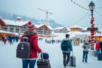 Tél a hegyekben, szilveszteri utazás hóval borított városban.