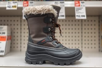 Téli bakancs a bolt polcán, szürke színben és bundás betéttel.