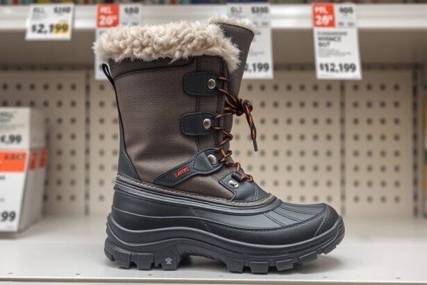 Téli bakancs a bolt polcán, szürke színben és bundás betéttel.