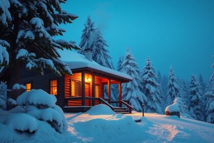 Téli belföldi szállás hóval borított erdőben