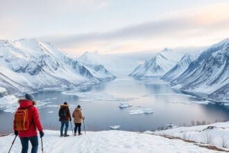Hósapkás túrázók fjord mellett télen