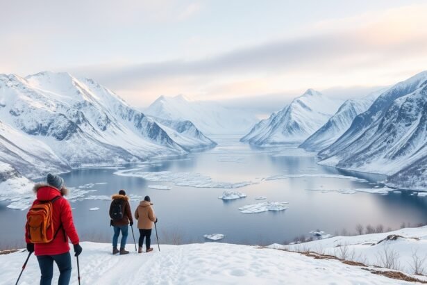 Hósapkás túrázók fjord mellett télen