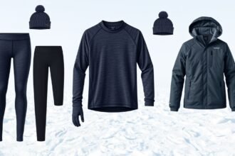 Téli futóruha szett, beleértve futónadrágot, hosszú ujjú pólót és kabátot.