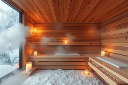 Téli szauna belső tér gőz és gyertyafénnyel