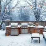 Téli grillsütés kültéri felszereléssel, havas udvaron.