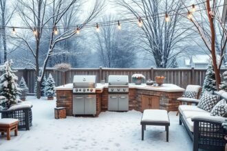 Téli grillsütés kültéri felszereléssel, havas udvaron.