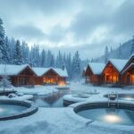 Téli gyógyfürdő medencék hóval borított tájban