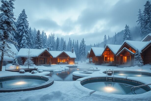 Téli gyógyfürdő medencék hóval borított tájban