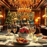 Elegáns szilveszteri vacsora étteremben, ünnepi dekorációval.
