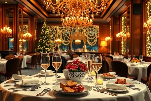 Elegáns szilveszteri vacsora étteremben, ünnepi dekorációval.