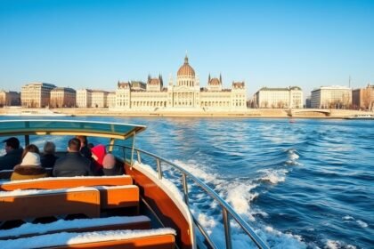 Téli hajós kirándulás a Dunán, parlamenttel a háttérben.