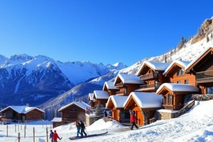 Téli hegyi üdülés festői tája síelőkkel és hegyi kunyhókkal