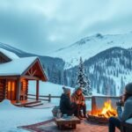 Téli hétvége a hegyekben, tűz mellett ülő barátokkal.
