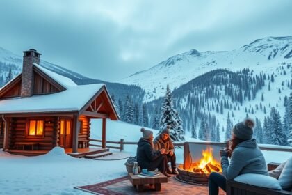 Téli hétvége a hegyekben, tűz mellett ülő barátokkal.