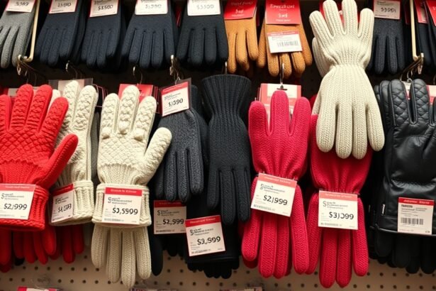 Különböző színű téli kesztyűk árakkal felcímkézve.