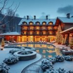 Téli wellness szálloda úszómedencével és karácsonyi díszítéssel Magyarországon.